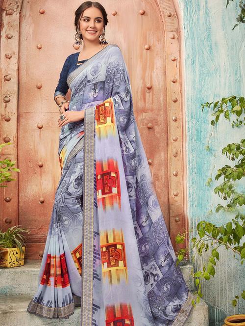 contrast bordered printed saree with blouse - 15700398 - Very Small Image - 1