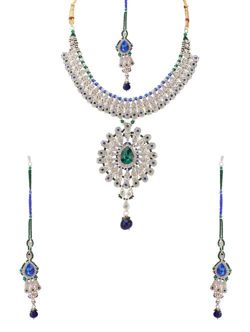 multi colored metal necklace earing and maang tikka set - 15700967 - Very Small Image - 1