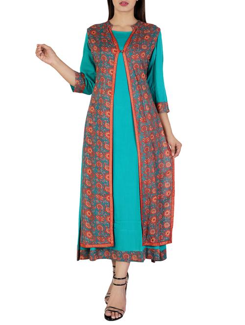 turquoise printed layered kurta - 15701142 - Very Small Image - 1