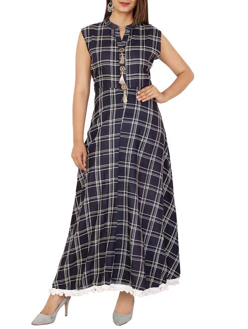 checkered a-line kurta with tassels - 15701167 - Very Small Image - 1