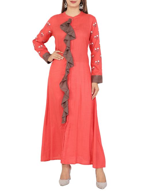 coral ruffle a-line kurta - 15701168 - Very Small Image - 1