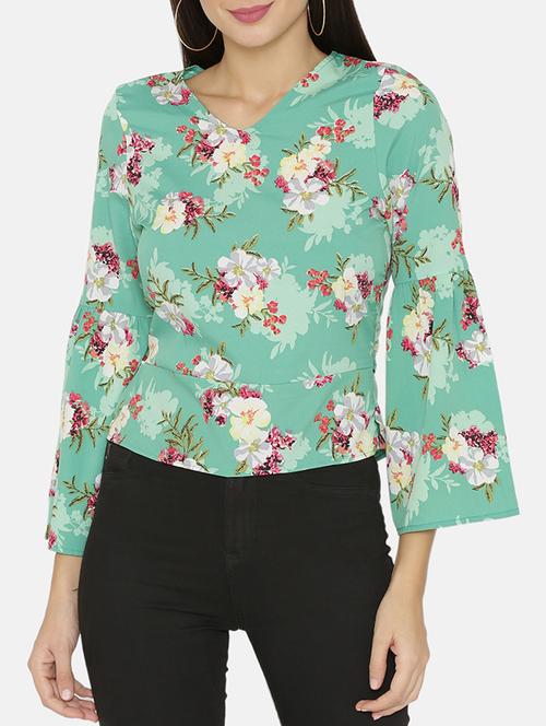 floral bell sleeved bow tie back top - 15703884 - Very Small Image - 1