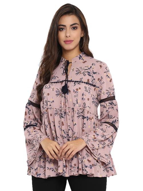 tassel tie neck lace insert sleeved top - 15705989 - Very Small Image - 1