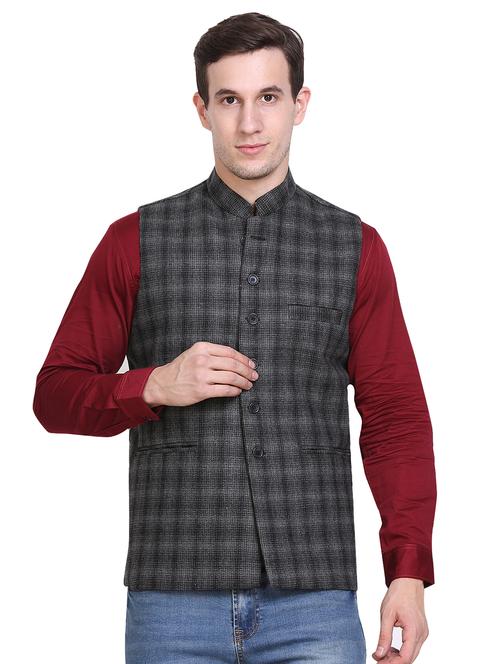 grey cotton blend nehru jacket - 15706367 - Very Small Image - 1