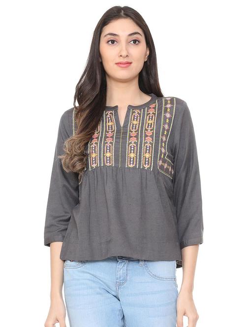 notch neck embroidered yoke top - 15708187 - Very Small Image - 1