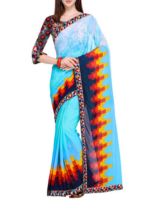 turquoise geometrical printed saree with blouse - 15710162 - Very Small Image - 1