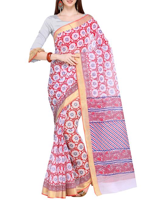 zari border floral printed saree with blouse - 15710165 - Very Small Image - 1