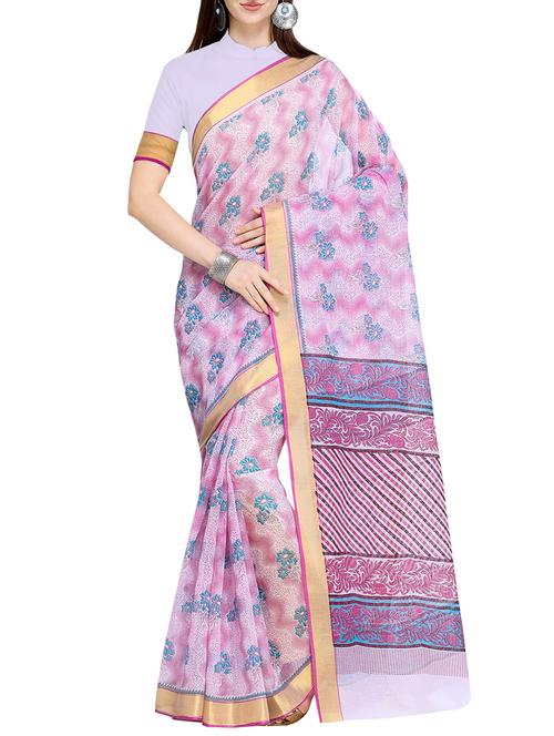 zari border floral printed saree with blouse - 15710176 - Very Small Image - 1