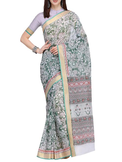zari border floral printed saree with blouse - 15710180 - Very Small Image - 1