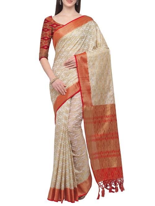 contrast zari border banarasi saree with blouse - 15710454 - Very Small Image - 1