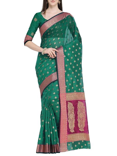 contrast zari border banarasi saree with blouse - 15710455 - Very Small Image - 1