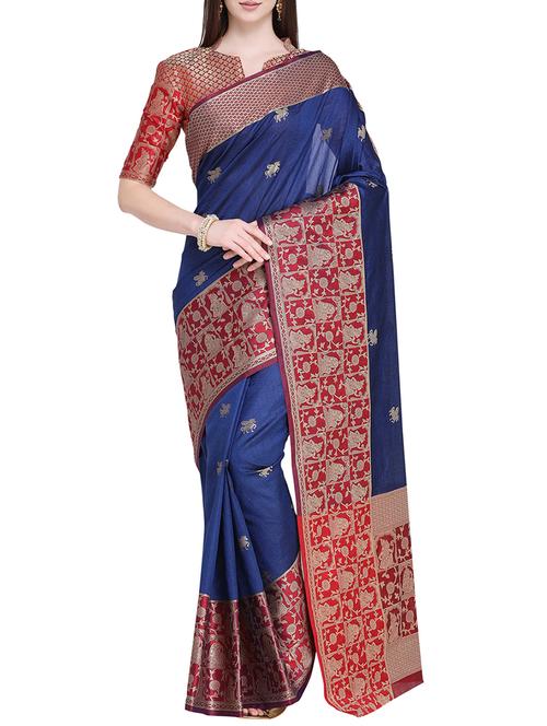 contrast zari border banarasi saree with blouse - 15710573 - Very Small Image - 1
