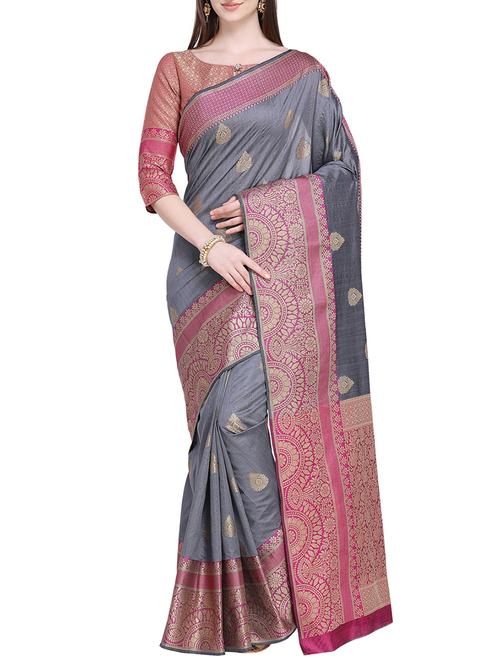 contrast zari border banarasi saree with blouse - 15710575 - Very Small Image - 1