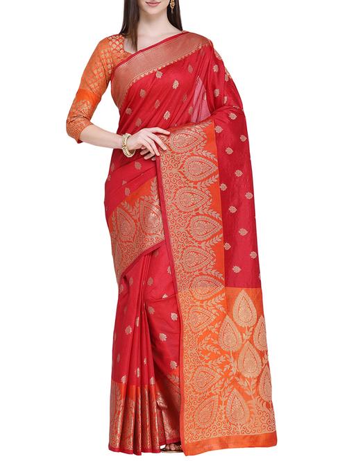 contrast zari border banarasi saree with blouse - 15710577 - Very Small Image - 1