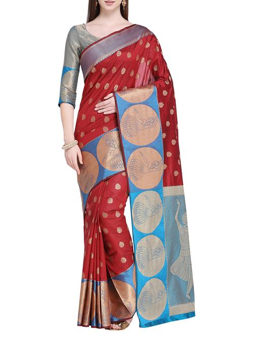 conversational zari border banarasi saree with blouse - 15710580 - Very Small Image - 1
