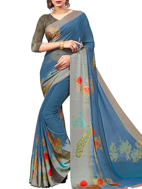 contrast border floral printed saree with blouse - 15715590 - Very Small Image - 1