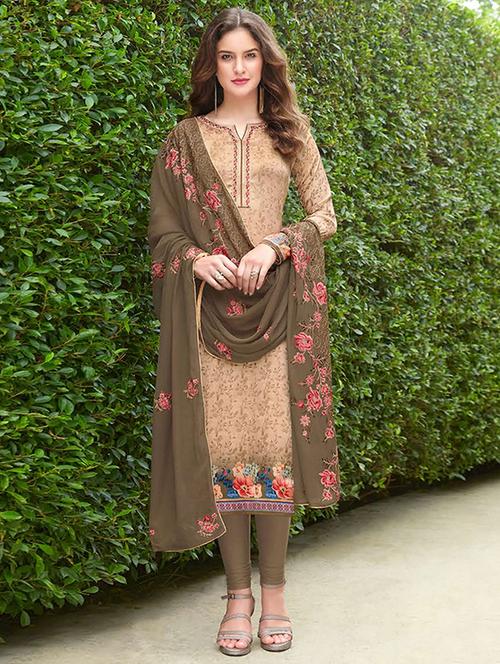 embroidered printed semi-stitched churidaar suit - 15720508 - Very Small Image - 1
