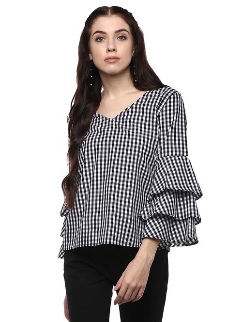 tiered bell sleeved checkered top - 15721079 - Very Small Image - 1