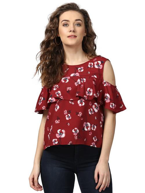 cold shoulder ruffle detail floral top - 15721179 - Very Small Image - 1