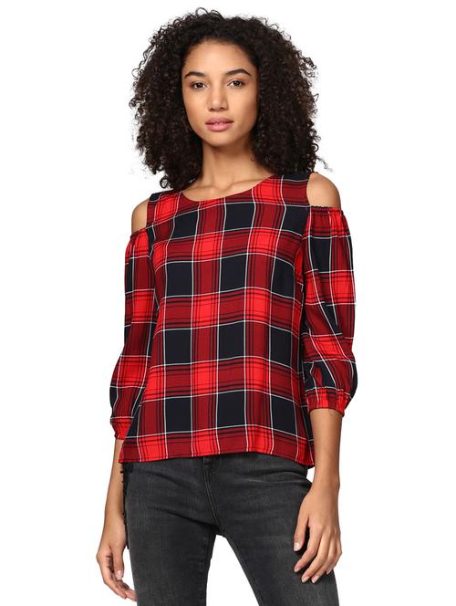 checked cold shoulder top - 15721266 - Very Small Image - 1