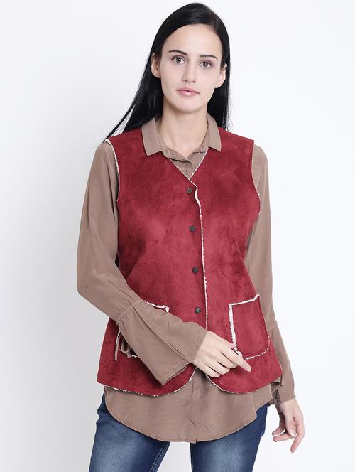 red v neck solids waistcoat - 15721753 - Very Small Image - 1