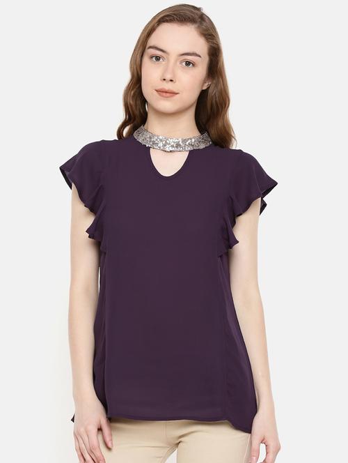 embellished neck ruffled sleeved top - 15724212 - Very Small Image - 1