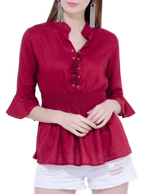 criss cross lace up smocked waist top - 15725745 - Very Small Image - 1