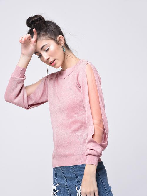 mesh paneled ribbed edge pullover - 15726242 - Very Small Image - 1
