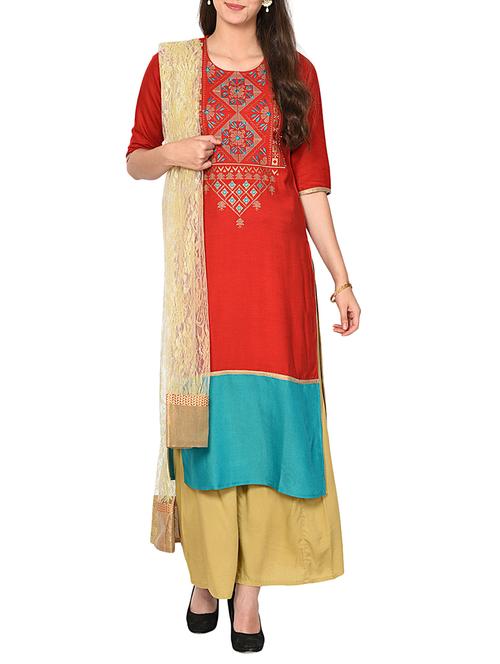 embroidered color block kurta palazzo suit set - 15728847 - Very Small Image - 1
