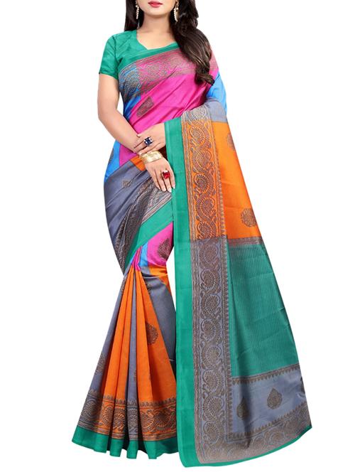 color block printed saree with blouse - 15729404 - Very Small Image - 1