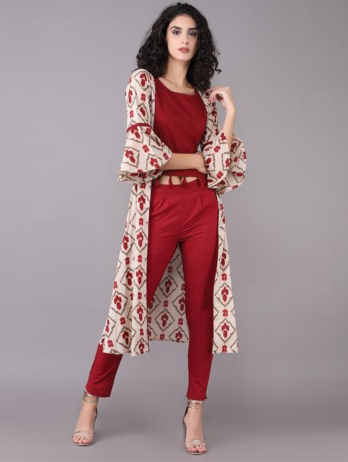 crop top pant with printed shrug set - 15731811 - Very Small Image - 1