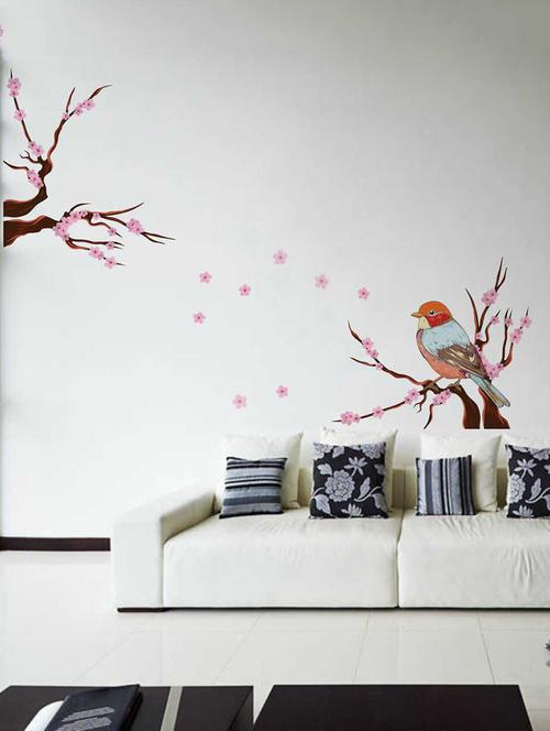 rawpockets wall decals ' pink flower trees and bird wall decal sticker ' wall stickers (pvc vinyl) multicolour - 15733429 - Very Small Image - 1