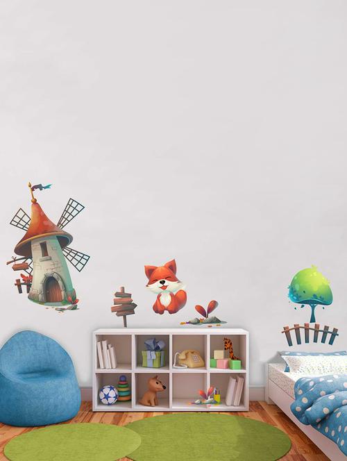 rawpockets wall decals ' fox and windmill house' wall decal sticker ' wall stickers (pvc vinyl) multicolour - 15733484 - Very Small Image - 1