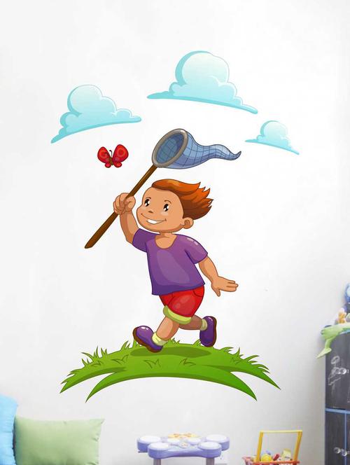 rawpockets wall decals ' boy catching butterfly' wall decal sticker ' wall stickers (pvc vinyl) multicolour - 15733495 - Very Small Image - 1