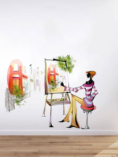 rawpockets wall decals ' girl painting at her own ' wall stickers (pvc vinyl) multicolour - 15733544 - Very Small Image - 1
