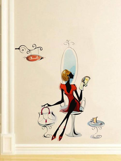 rawpockets wall decals ' lady at beauty parlour ' wall stickers (pvc vinyl) multicolour - 15733754 - Very Small Image - 1