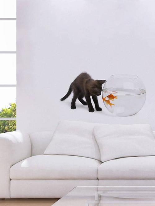 rawpockets wall decals ' cat and fish bowl abstract ' wall stickers (pvc vinyl) multicolour - 15733902 - Very Small Image - 1