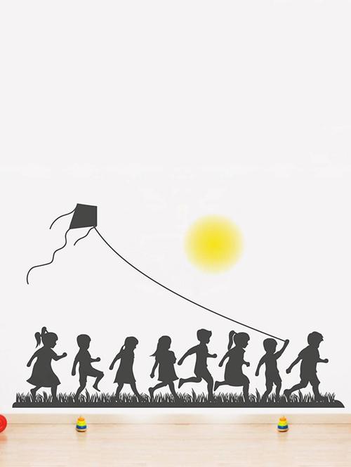 rawpockets wall decals ' kid's playing kites on sunset - kid's room ' wall stickers (pvc vinyl) multicolour - 15734024 - Very Small Image - 1