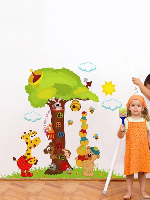 rawpockets wall decals ' big tree and animals cartoon - kid's room ' wall stickers (pvc vinyl) multicolour - 15734034 - Very Small Image - 1