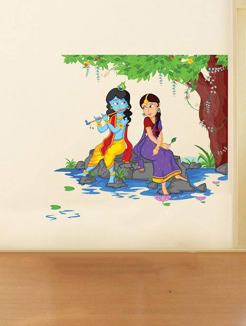 rawpockets wall decals ' lord krishna playing flute with radha on river bed ' wall stickers (pvc vinyl) multicolour - 15734135 - Very Small Image - 1