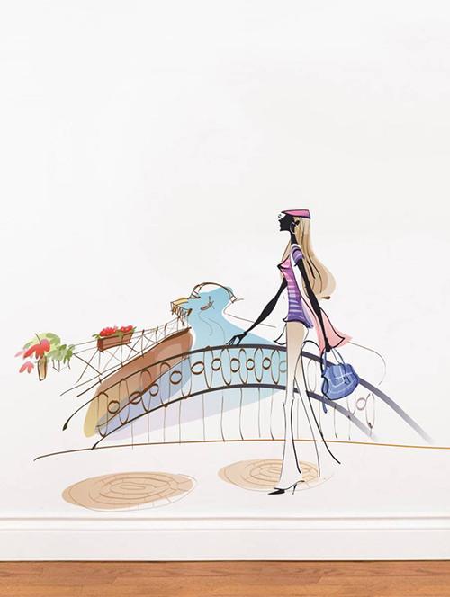 rawpockets wall decals ' lonely lady at bridge ' wall stickers (pvc vinyl) multicolour - 15734295 - Very Small Image - 1