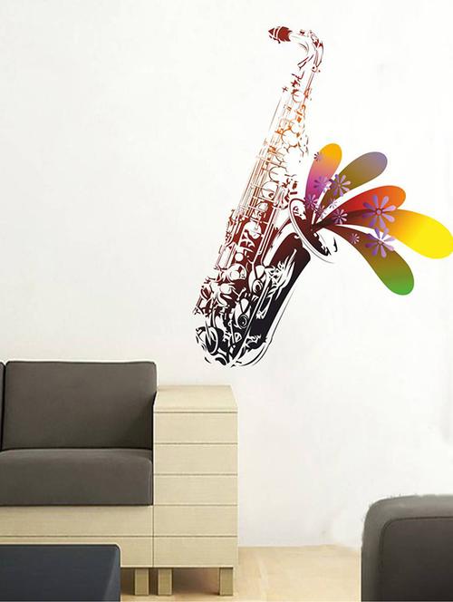 rawpockets wall decals ' saxophone with flower ' wall stickers (pvc vinyl) multicolour - 15734305 - Very Small Image - 1