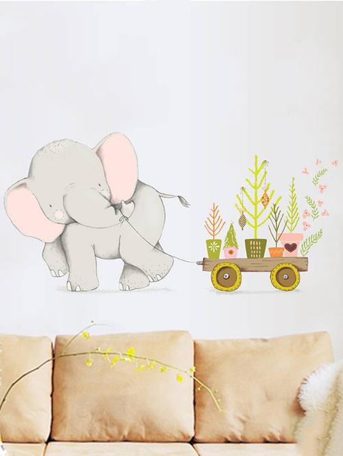 rawpockets wall decals ' elephant pull truck cartoon ' wall stickers (pvc vinyl) multicolour - 15734362 - Very Small Image - 1