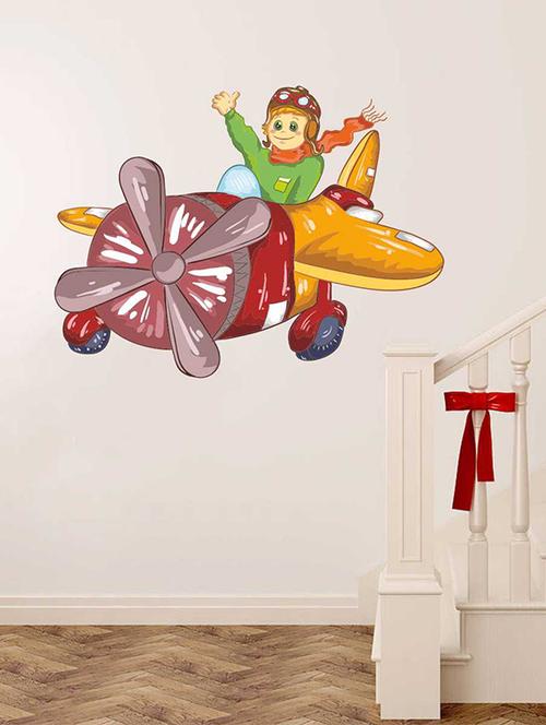 rawpockets wall decals ' happy smiling kid pilot flying plane ' wall stickers (pvc vinyl) multicolour - 15734365 - Very Small Image - 1