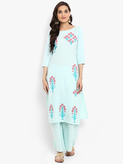 turquoise crepe straight kurta - 15737036 - Very Small Image - 1