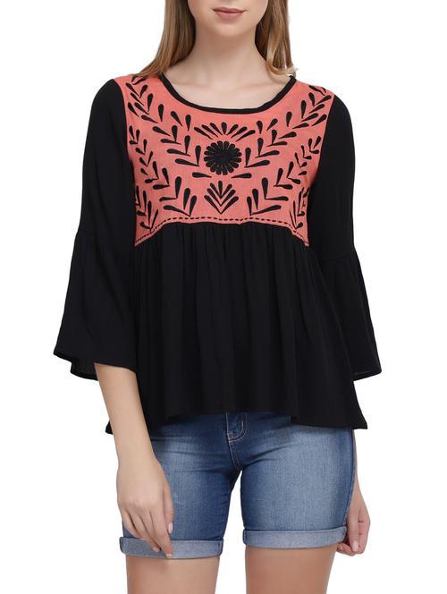 contrast embroidered yoke top - 15739139 - Very Small Image - 1