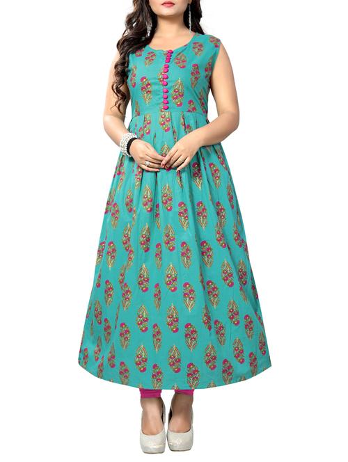 turquoise printed a-line kurta - 15739896 - Very Small Image - 1