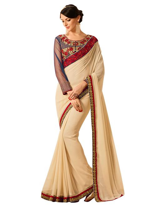 cream georgette bordered saree with blouse - 15741193 - Very Small Image - 1