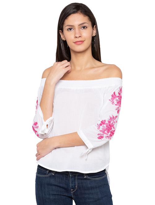 smocked off shoulder embroidered top - 15744077 - Very Small Image - 1