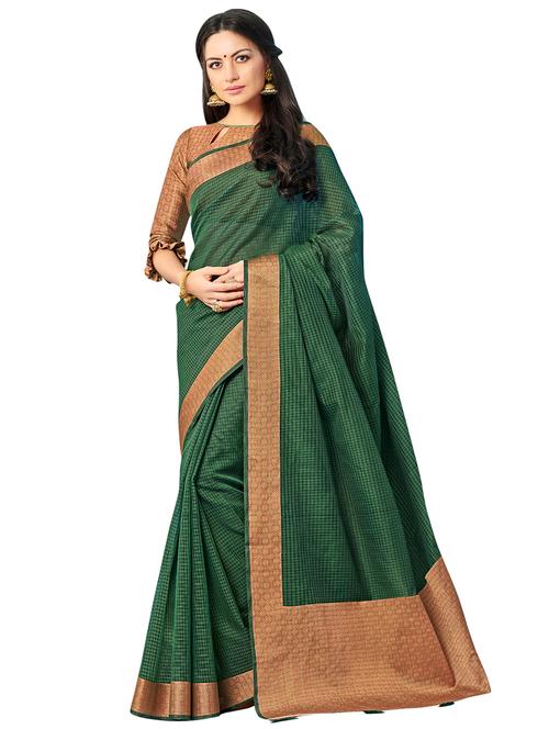 gold bordered bottlegreen kanjivaram saree with blouse - 15746939 - Very Small Image - 1